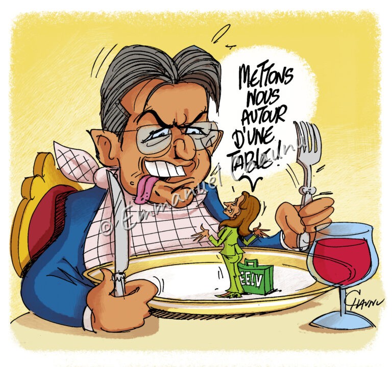 Caricature d’un homme dévorant une femme miniature au restaurant
