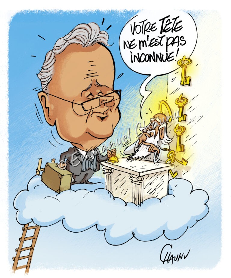 Caricature de Donald Trump devant saint Pierre au paradis