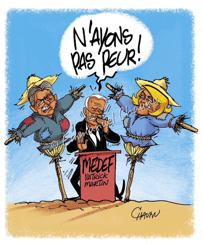 Caricature de Macron entre Trump et Poutine, épouvantails