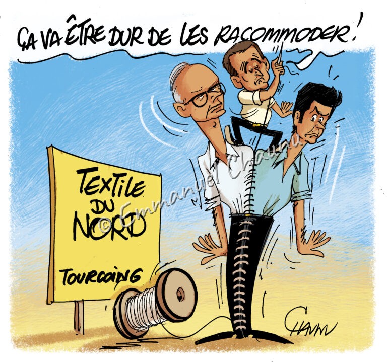 Caricature d’ouvriers textiles courant vers les raccommodeurs